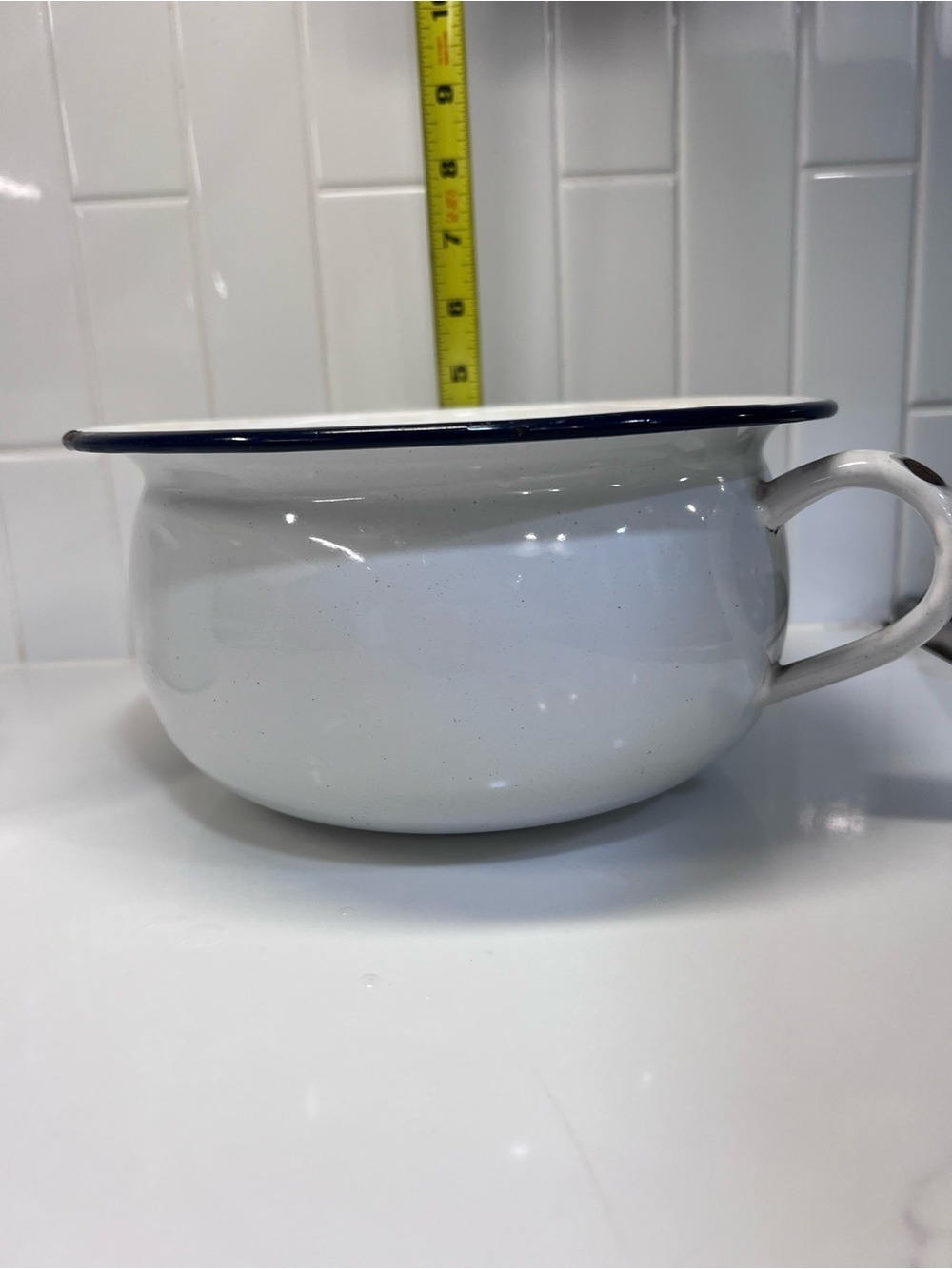 Vintage White Enamelware Chamber Pot 9" Diameter